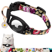 HSIGIO Airtag Cat Collar, GPS Cat Collar with Apple Air Tag Holder and Flower Charm, Floral Cat Tracker Collar in 0.6 Inches Width for Girl Boy Cats, Kittens and Puppies(Black Red Rose, 7.4-9inch)