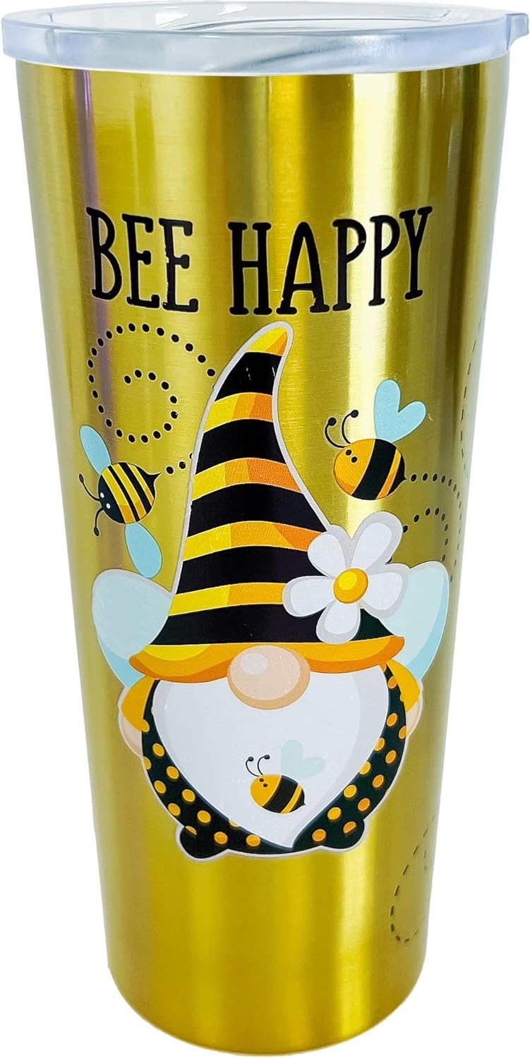 Spoontiques - Bee Gnome Stainless Travel Mug - Insulated Travel Mugs - Stainless Steel Drink Cup with Travel Lid and Sliding Lock - Holds Hot and Cold Beverages