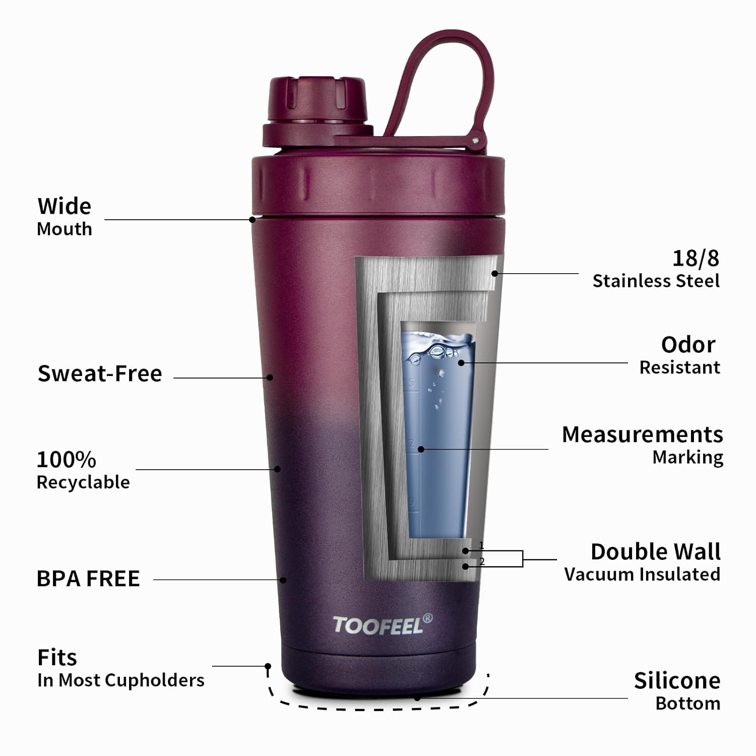 TOOFEEL Shaker Bottle Stainless Steel - 20 oz Double Walled Insulated Shaker Cups for Protein Shakes, Keeps Cold/Hot, Shaker Bottle for Protein Mixes, Gym Workout Protein Shaker Bottle