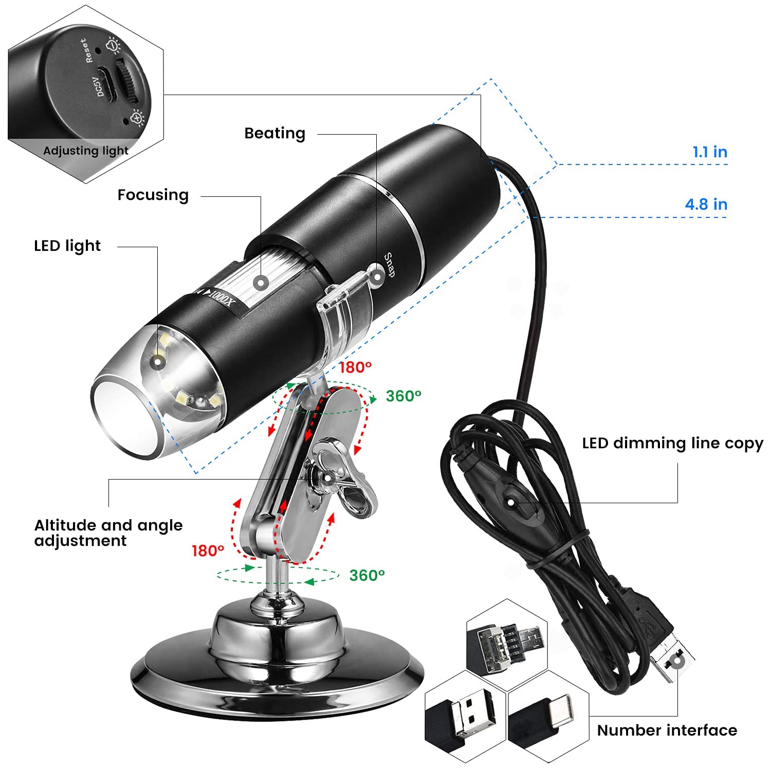 Lady House Handheld USB Digital Microscope with Metal Stand, Portable HD 1000 X Magnification Inspection Camera with 8 LED Light for Android Mac Windows Computer