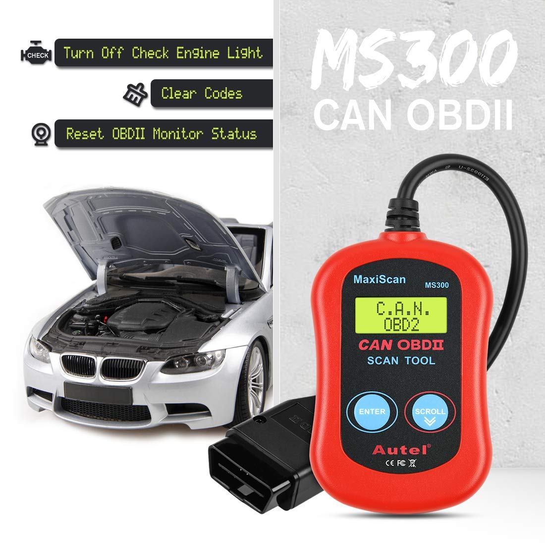 Autel MaxiScan MS300 Car OBD2 Scanner Code Reader Engine Fault Code Reader Scanner CAN Diagnostic Scan Tool for All OBD II Protocol Cars Since 1996, Red