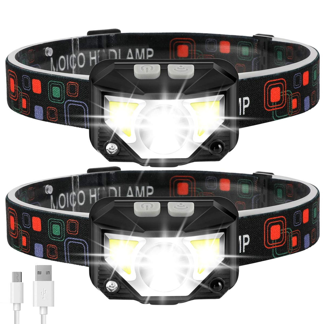 Headlamp Rechargeable, MOICO 1100 Lumen Super Bright LED Head Lamp Flashlight with White Red Light, 2 Pack Motion Sensor Waterproof Head Lights, 8 Modes Headlight for Outdoor Camping Fishing Running