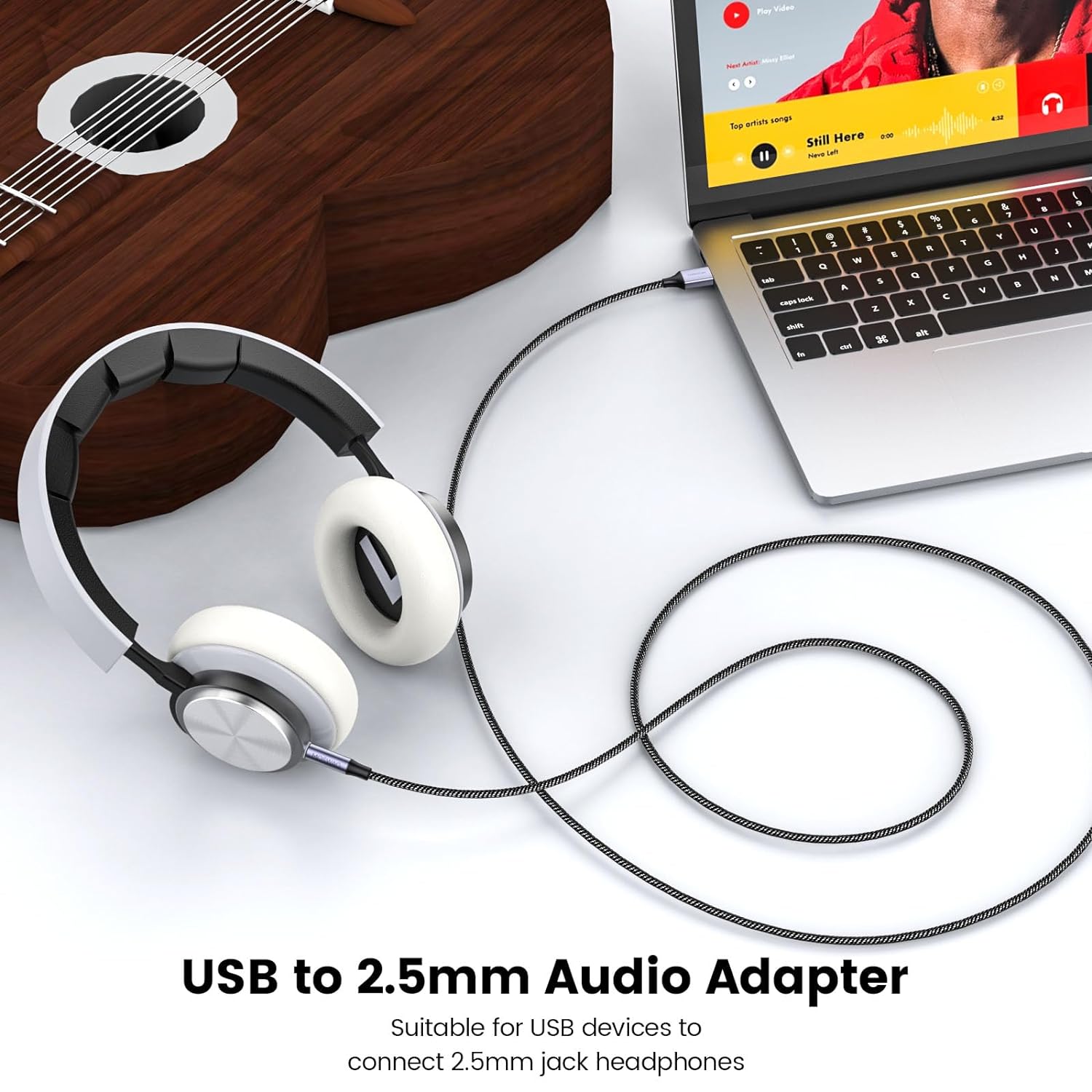 MOSWAG 2.5mm to USB, USB to 2.5 mm Audio Jack Adapter, USB Male to 2.5mm Male AUX Stereo Audio Converter, Nylon Braided Headphone Extension Cords for Windows,Linux,Android, PC, Laptop,Headphones