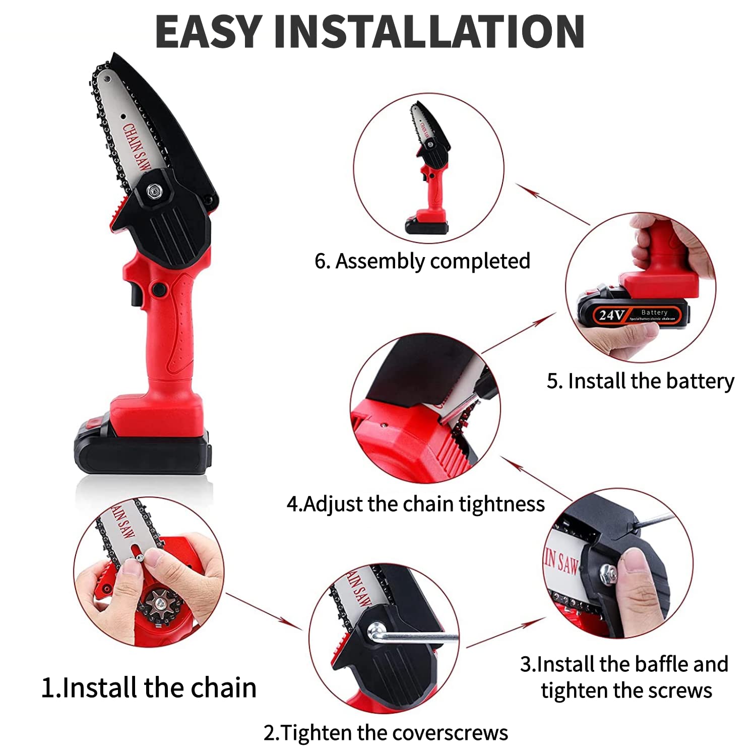 Mini Chainsaw, 6 Inch Portable Electric Chainsaw One-Handed Rechargeable Chainsaw for Tree Trimming Branch Wood Cutting Included 2 Batteries, 3 Chains and Charger