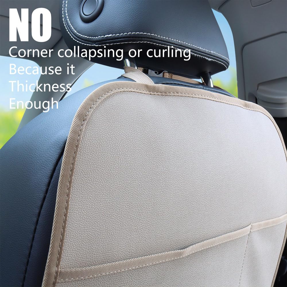 pefirst Kick Mat Back Seat Protector Waterproof Leather Car Seat Back Organizers Cover with 3 Storage Pockets for Kids Pets SUV Sedan Minivan Truck Car Travel Accessories (Beige 2-Pack)
