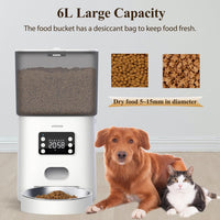 JFISHION Automatic Cat Feeders,6L Automatic Cat Food Dispenser, Cat Dry Food Dispenser with Timer, Pet Dry Food Dispenser for Cats and Dogs,6 Meals Per Day, 10s Voice Recorder,Dual Power Supply,White