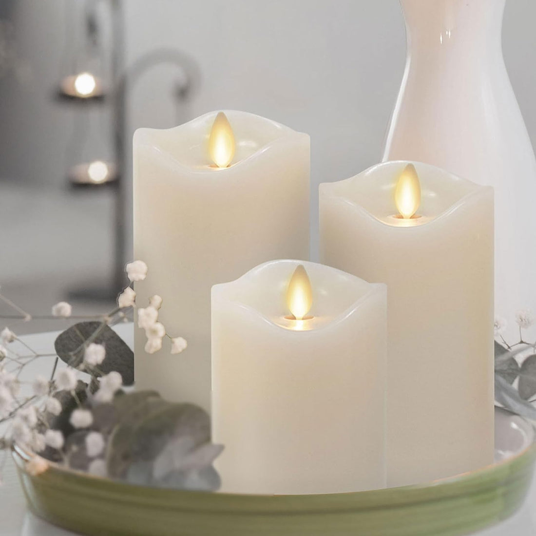 Matchless Candle Co. Set of 3 Realistic Flameless Moving Flame LED Candle Melted Top Edge, LED Battery Operated Real Wax Candle - Pearl Ivory