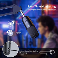 KO-STAR Gaming USB Microphone，PC Computer Mic with 2 Polar Patterns for Podcast Streaming Conference Recording YouTube, Pop Filter,Shock Mount,Gain knob & Monitoring Jack for Twitch, Discord, PS5/PS4