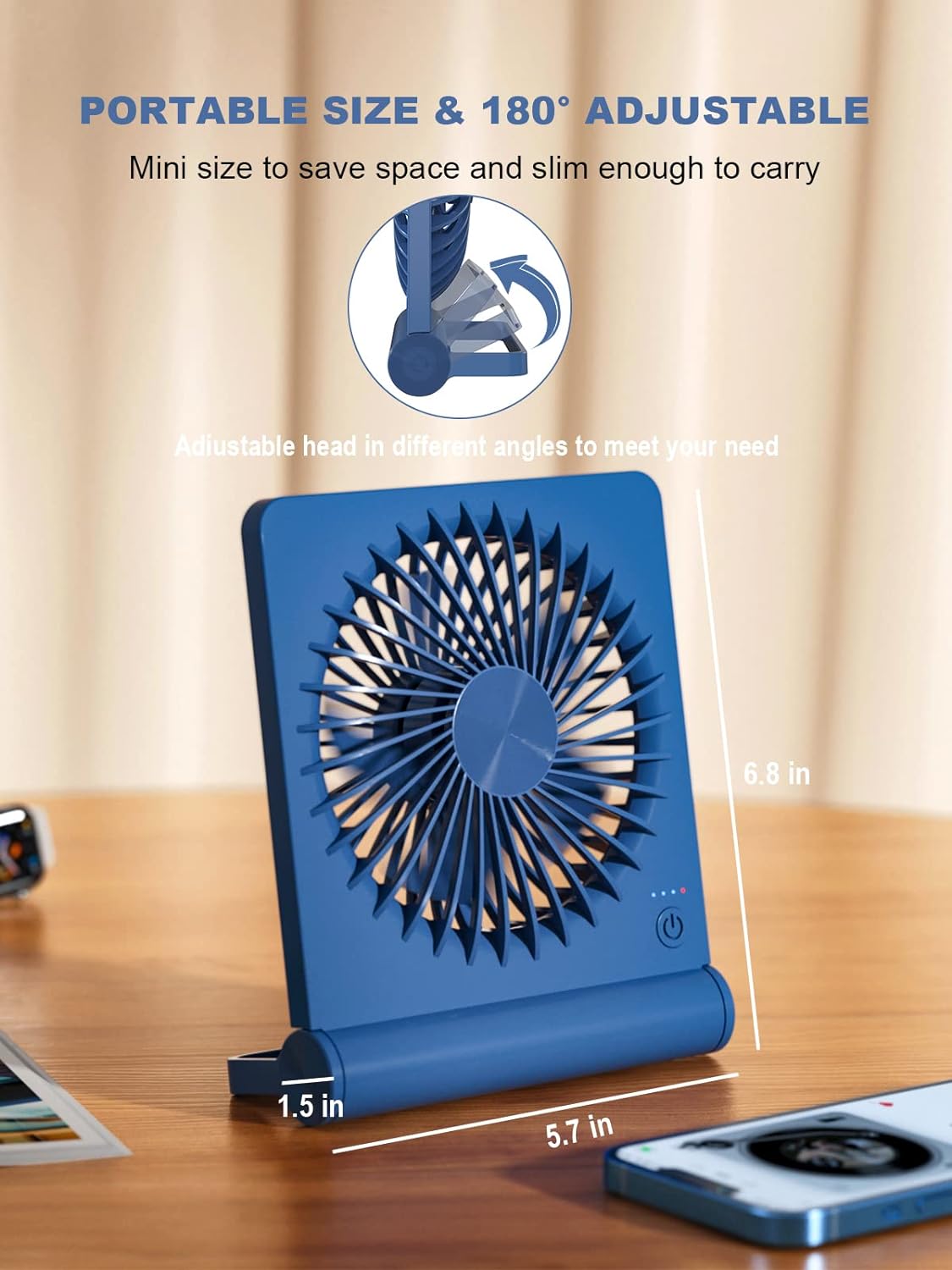 Tevelecin Small Desk Fan, 2000mAh Rechargeable USB Fan Battery Operated,Ultra Quiet, Strong Wind, 3 Speeds & about 4-12 Hours Longer Working, 180°Foldable Mini Desktop Fan for Home Office Travel Outdoor-Blue