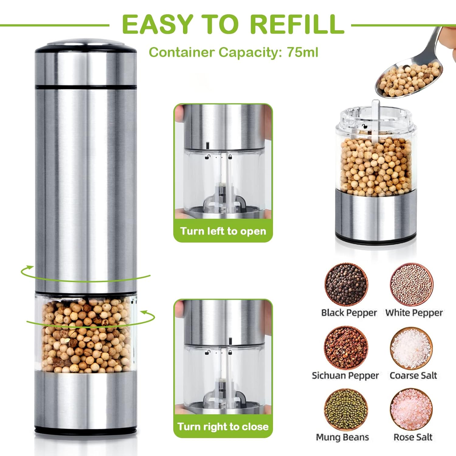 Electric Salt Grinder Pepper Grinder Battery Operated Stainless Steel Pepper Mill Automatic Salt and Pepper Grinder with with Adjustable Coarseness, 1 Pack