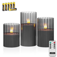 Rhytsing Smoked Ribbed Glass Battery Operated LED Candles with Remote, Flameless Candle with Gift Set for Home Decor, Warm White Lights- Include 6 Batteries - Set of 3