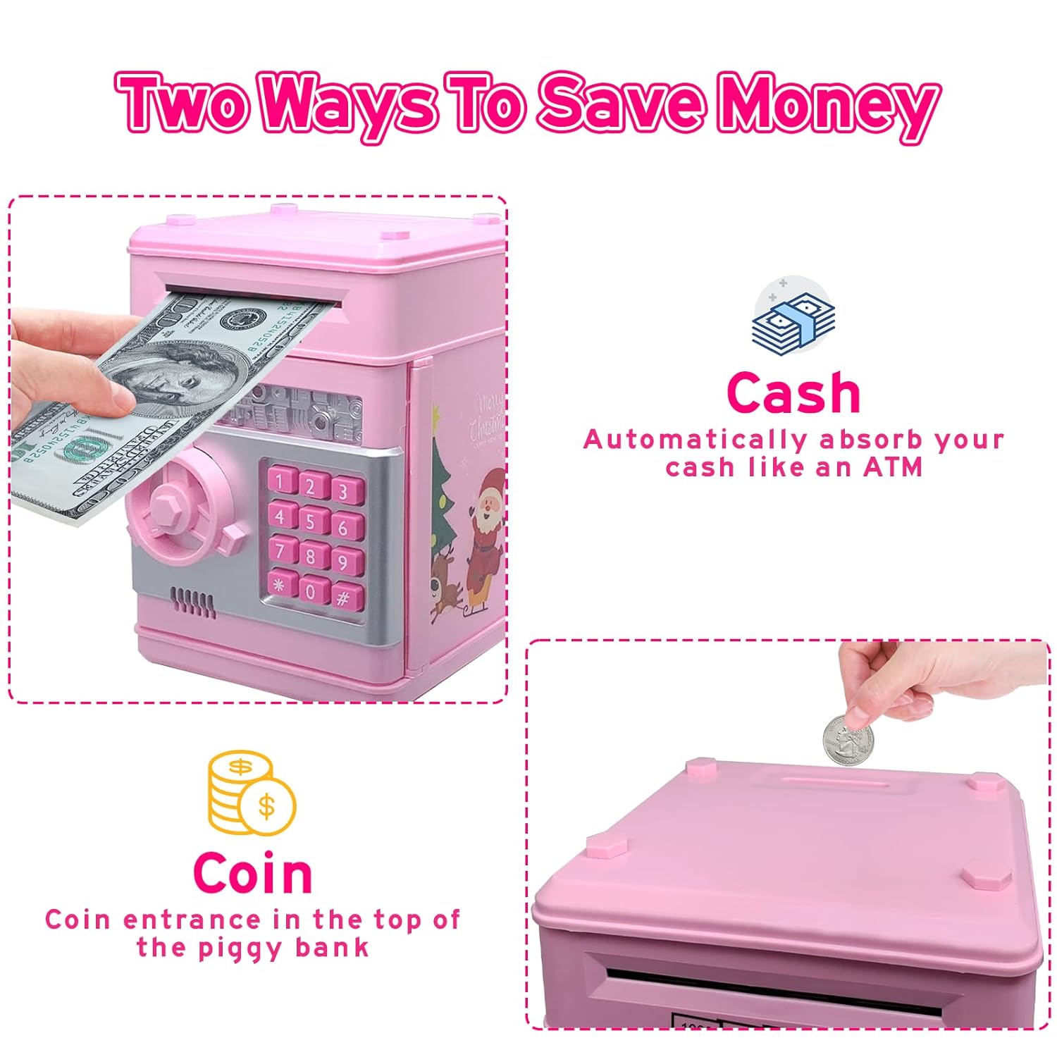 PhilaeEC Kids Piggy Bank Toy for Girls Boys (Xmas-Pink)