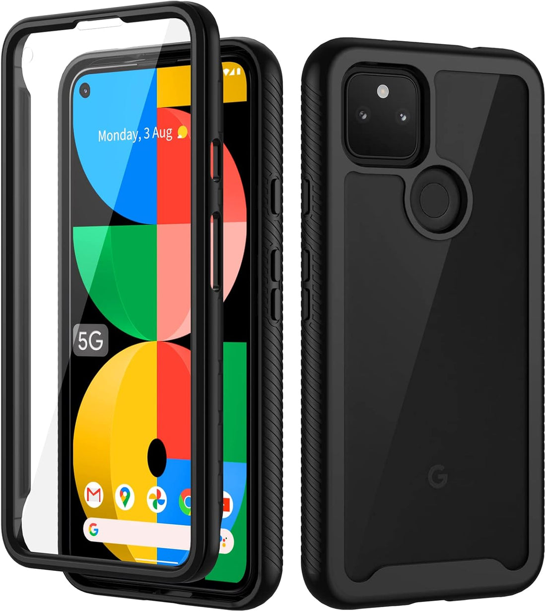 seacosmo Google Pixel 5a 5G Case (2021) Full-Body 360 ° Shockproof Slim with Built-in Screen Protector, Hard PC Clear Back + Non-Slip Silicone Black Edge for Pixel 5a Case