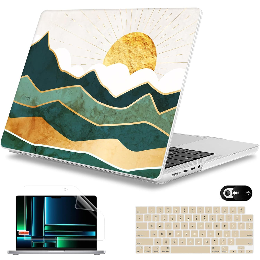 Mektron Case for MacBook Pro 16" M1 A2485/M2 A2780 (2021/2023) with Touch ID, Hard Shell Plastic Laptop Cover Keyboard Skin Compatible with MacBook Pro 16.2" M1 Pro/Max Chips,Golden Mountains