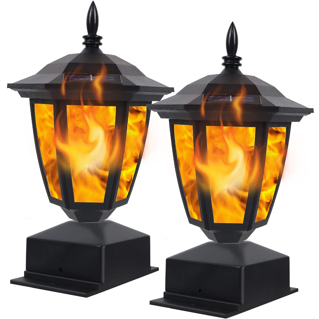 Dynaming Solar Flame Post Lights Outdoor, Solar Powered Lamps Fence Post Cap Lights, Flickering Flame LED Lantern Decorative Waterproof for Garden Deck Patio, Fit 4x4, 5x5 or 6x6 Wooden Posts, 2 Pack