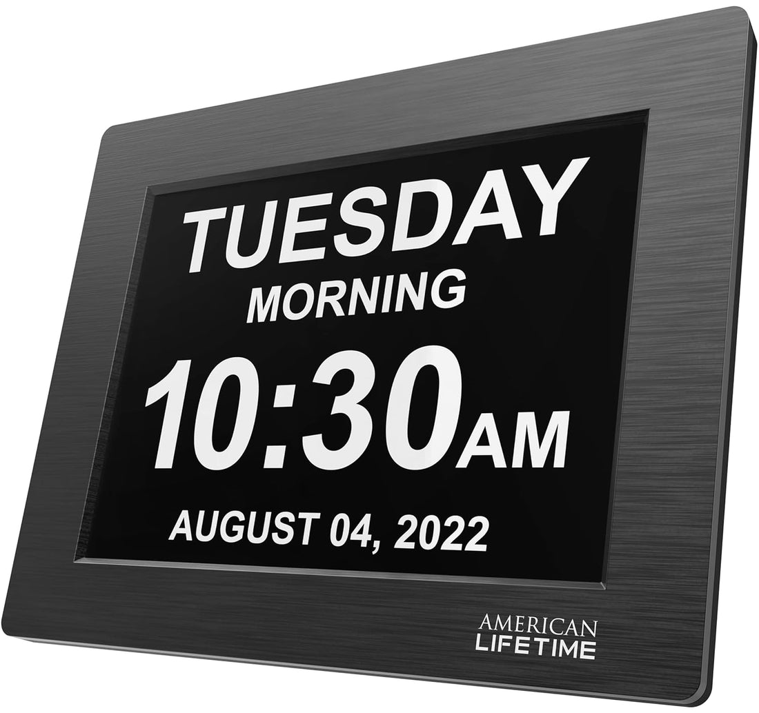 American Lifetime Version - Day Clock - Extra Large Impaired Vision Digital Clock with Battery Backup & 5 Alarm Options (Limited Edition Black Polished Metal Frame)