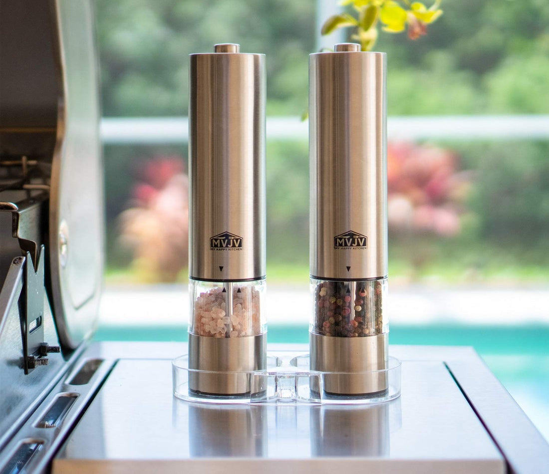 Electric Battery Operated Automatic Salt and Pepper Grinder Set - Stainless Steel and Acrylic Body | Tray Stand - Funnel - Mill Lids | LED Light | Adjustable Coarseness Ceramic Mill Shaker (2-Pack)