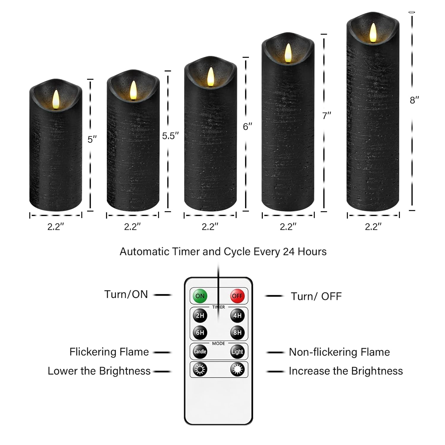 Nimiko Retro Style Flickering Flameless Candles with Remote Set of 5 Real Wax LED Pillar Candles, Battery Operated Candles（D 2.2"×H 5"/5.5"/6"/7"/8"） Perfect for Home Decor, Celebrations（Black）