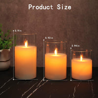 LEDHOLYT Flameless Candle Set, Flickering LED Pillar Candle with Remote Control and Timer, Upgraded Swing Wick, Built-in Battery Rechargeable Clear Glass Electronic Candles, Set of 3