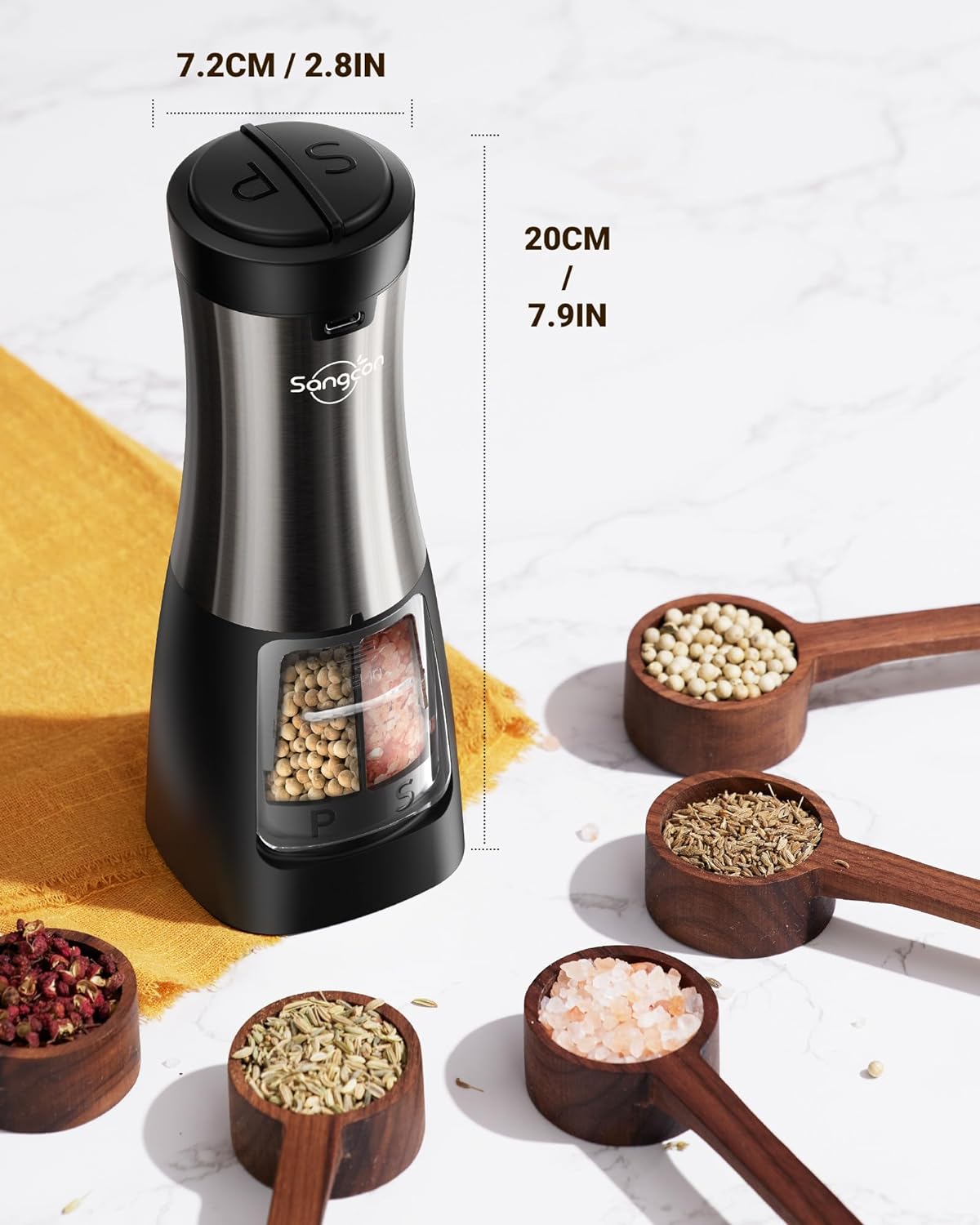 Sangcon 2 in 1 Electric Salt and Pepper Grinder Set Shakers USB Rechargeable, Salt and Pepper Grinder Mill Set Dual In One, Automatic Refillable Adjustable Coarseness Ceramic Grinder with Light