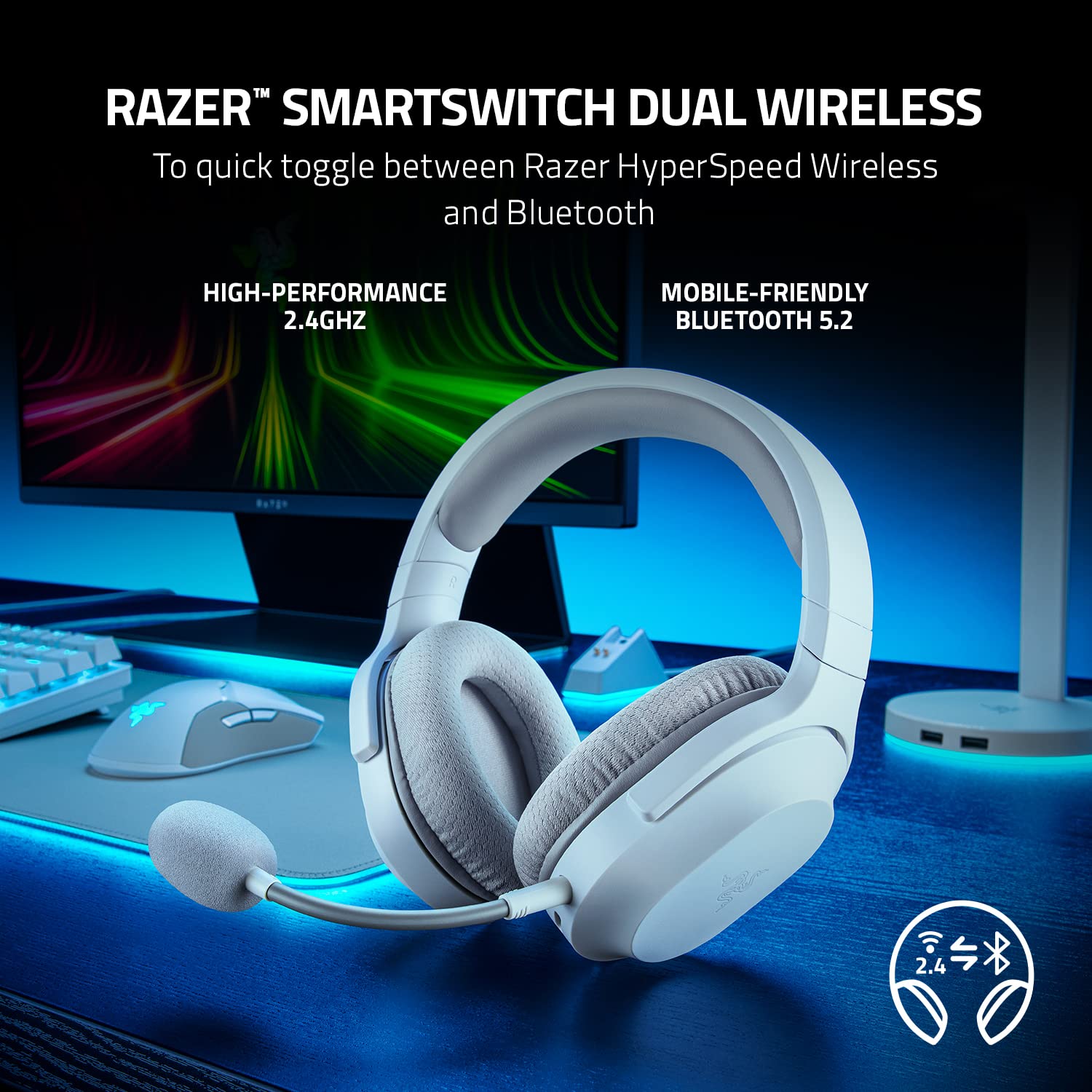 Razer Barracuda X Wireless Gaming & Mobile Headset (PC, Playstation, Switch, Android, iOS): 2022 Model - 2.4GHz Wireless + Bluetooth - Lightweight 250g - 40mm Drivers - 50 Hr Battery - Mercury White