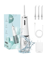 Nicefeel Portable Water Flosser, Cordless Rechargeable Type-C Dental Cleaner Oral irrigator 300ml Big Water Tank 4 Adjustable Modes with 4 Jet Tips and IPX7 for Home & Travel (White)