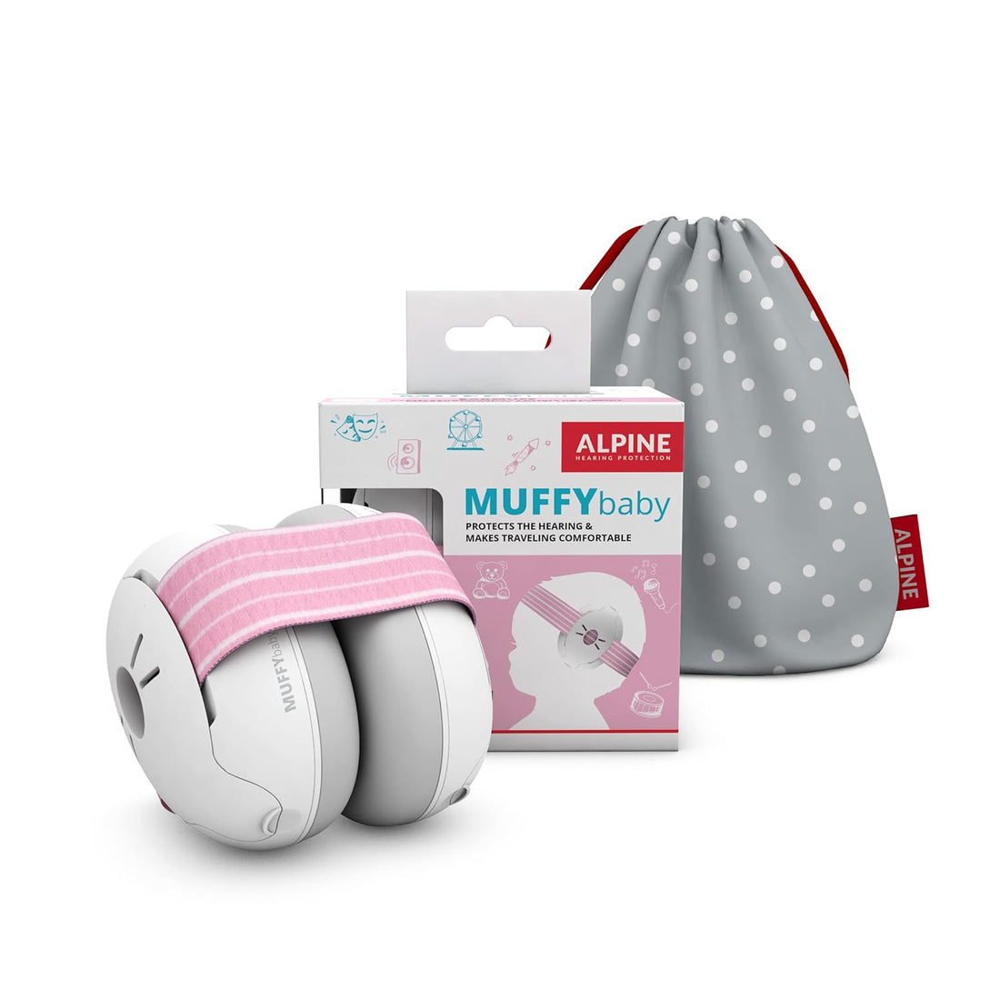 Alpine Muffy Baby Ear Muffs, Ear Protectors for Babies and Toddlers, Pink/White