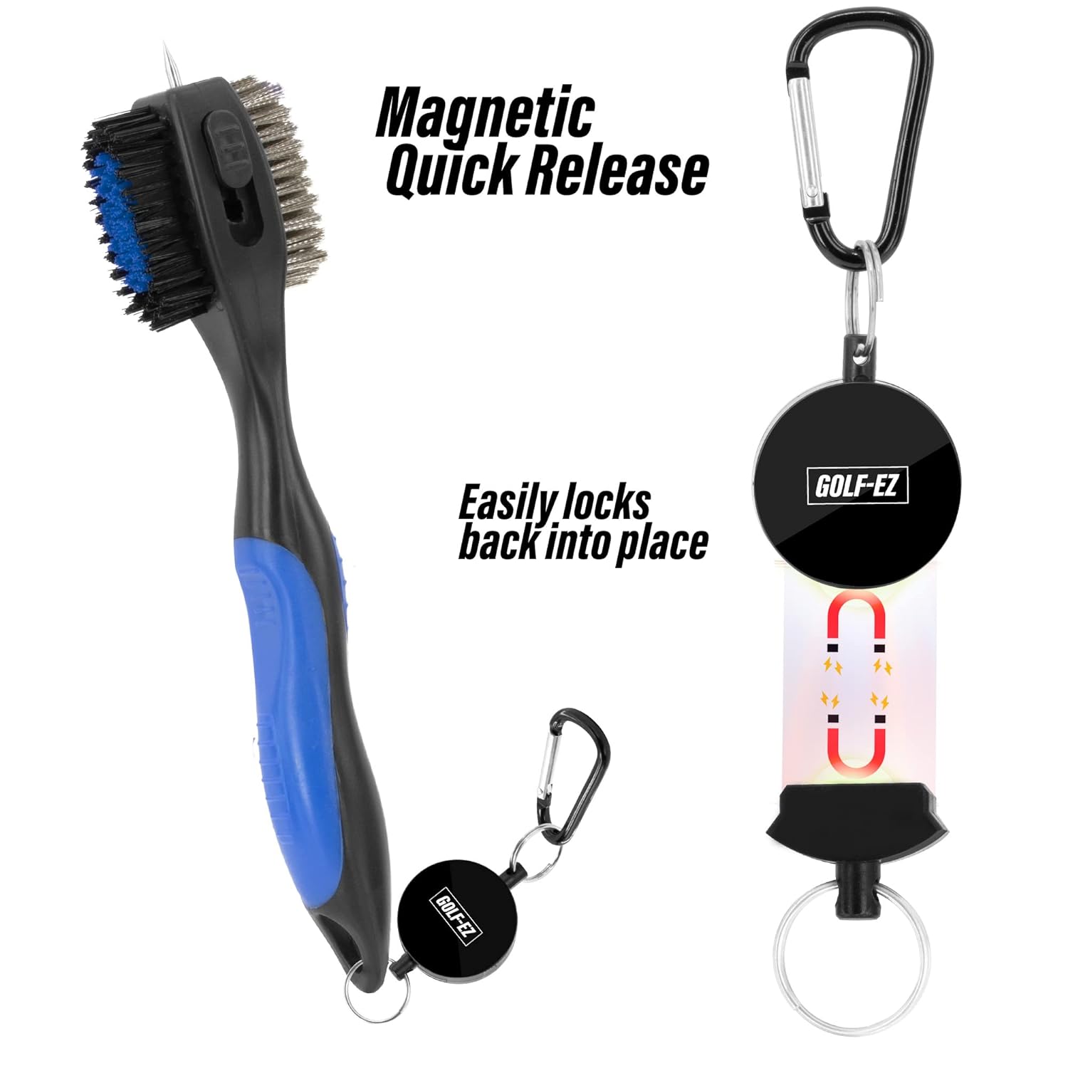 Golf-EZ Premium Golf Club Cleaning Brush Set with Magnetic Quick Release (2 Pack) | Heavy Duty Oversized Brush Head | 3-in-1 Retractable Brush Head