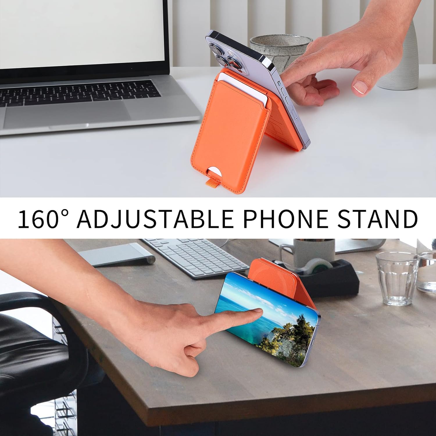 H JIDOHUN Magnetic Card Wallet Holder and Adjustable Stand for Apple, Leather Magnetic Card Holder Compatible with iPhone 14/14 Plus/14 Pro/14 Pro Max and 13/12 Series, Orange, Orange