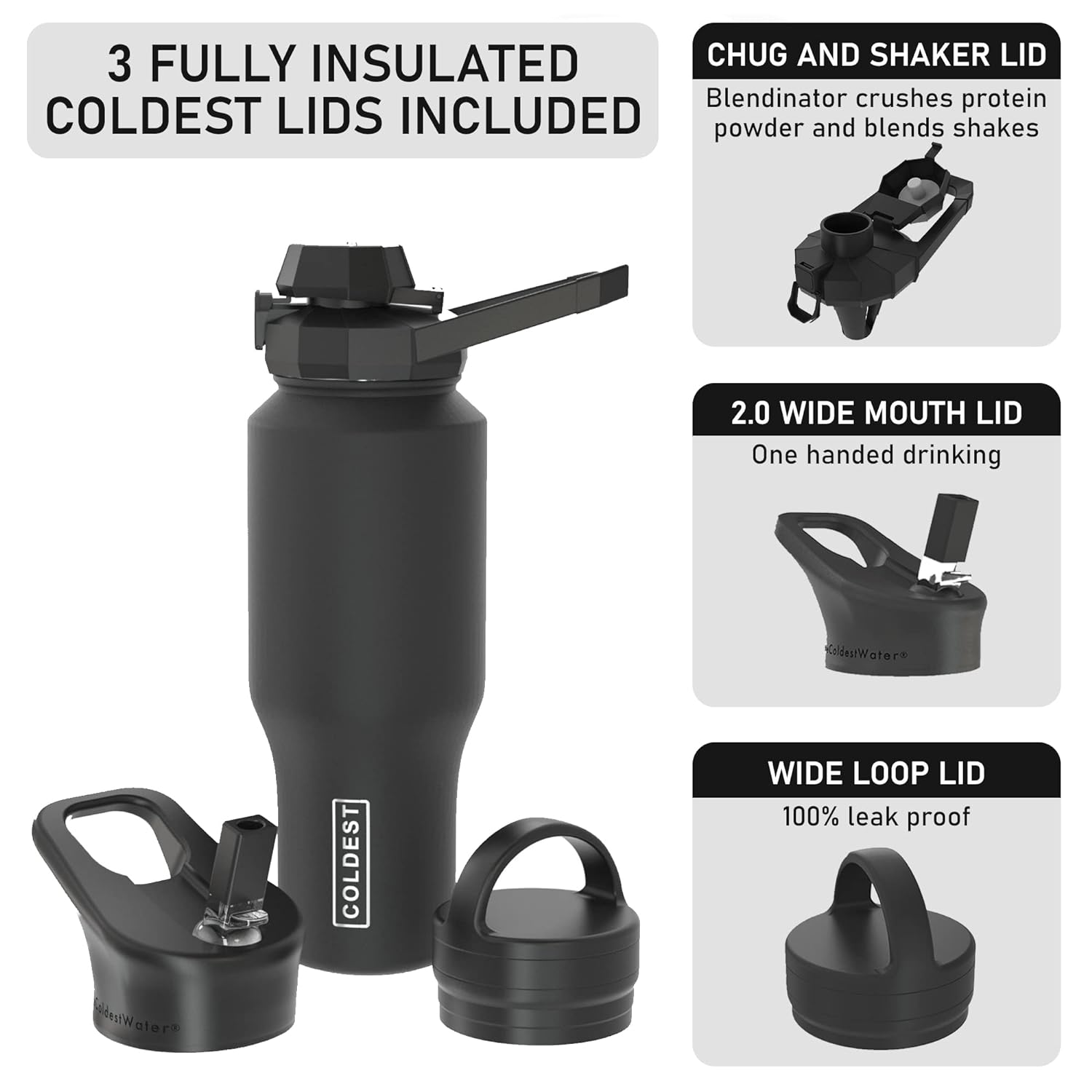 COLDEST Sports Water Bottle - 3 Insulated Lids (Chug Lid, Straw Lid, Loop Lid ) Vacuum Insulated Stainless Steel, Double Walled, Thermo Mug, Metal Canteen (26 oz, Hyperspace)