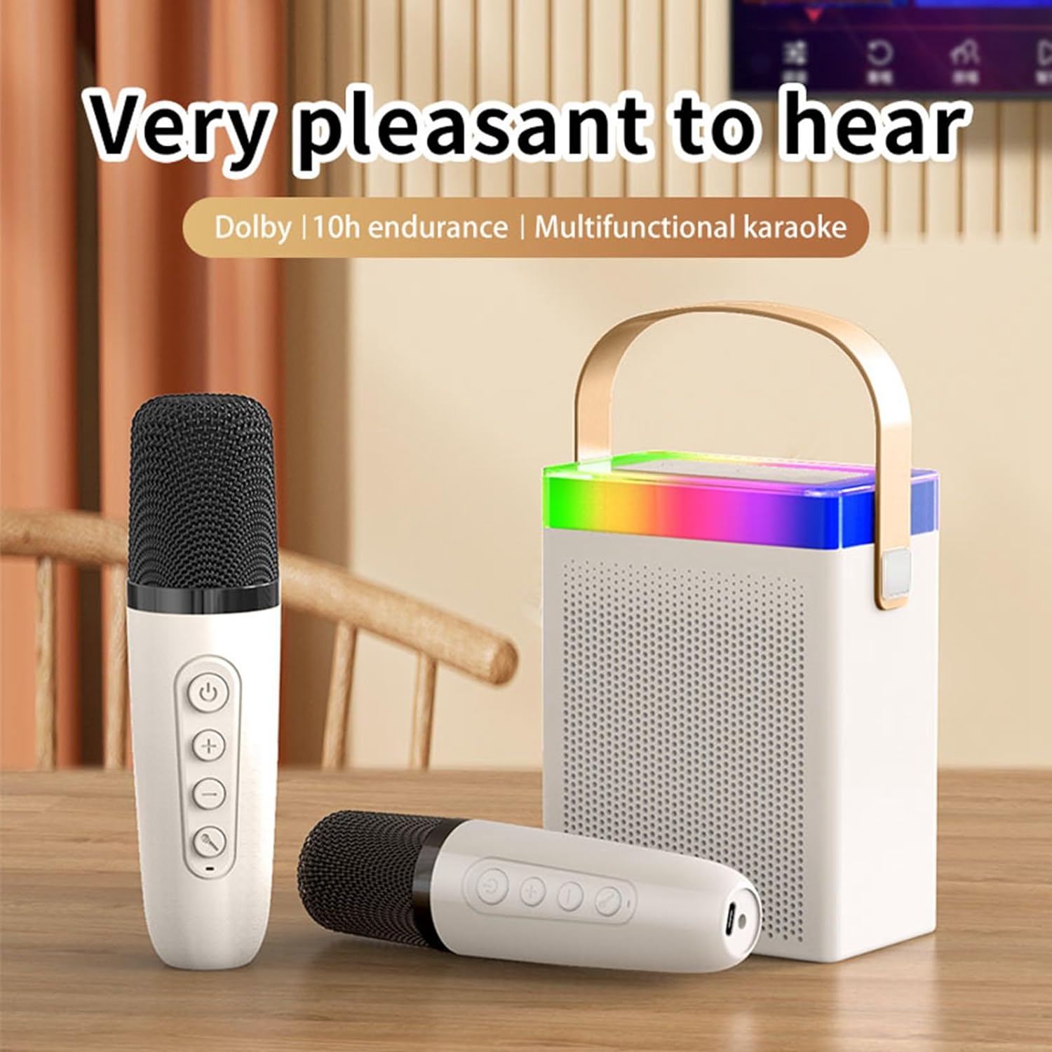 PUSOKEI Karaoke Machine with Two Wireless Microphones, Portable Bluetooth Speaker Set with RGB Lighting for Adults and Kids, Gifts for Boys and Girls (White)