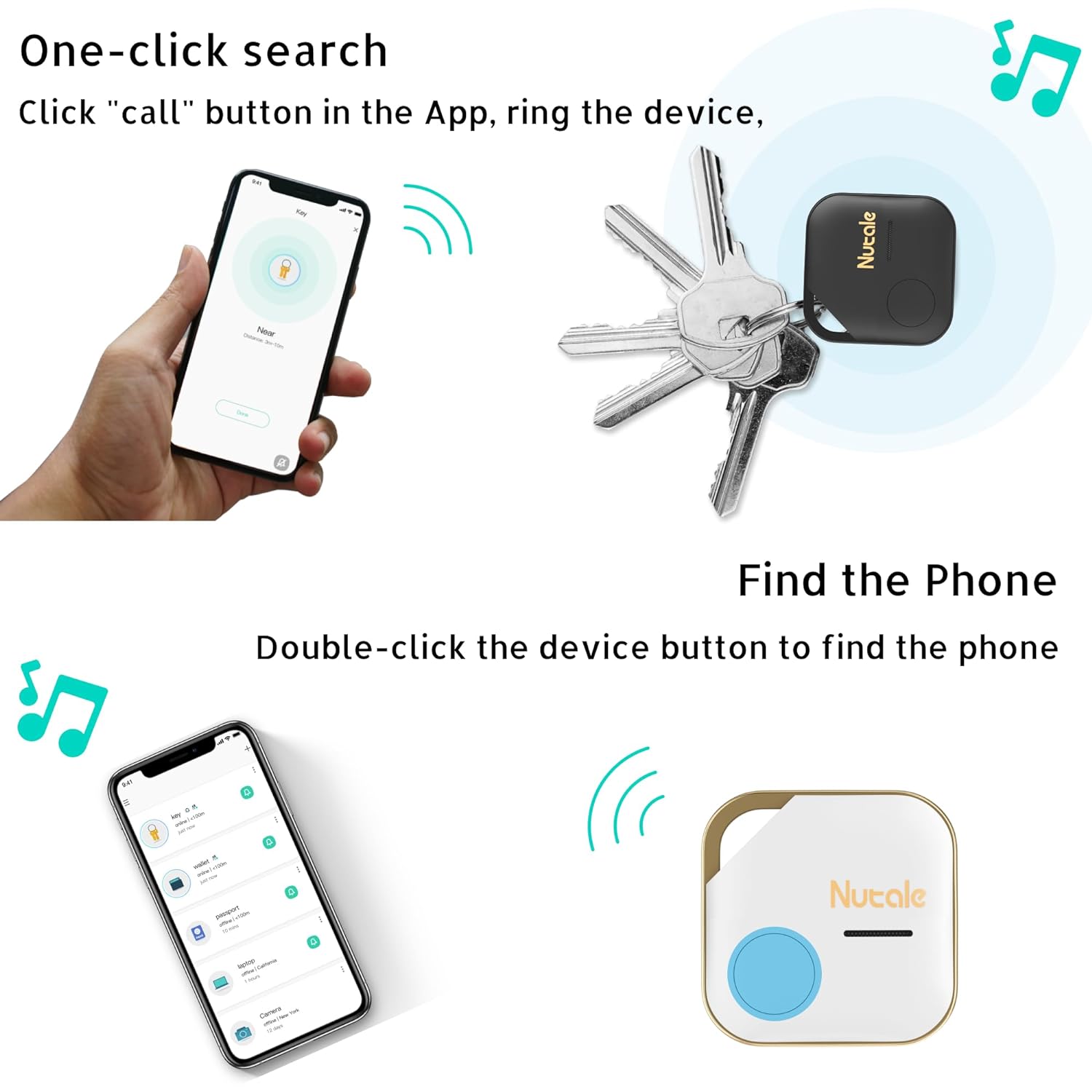 Nutale Key Finder, Bluetooth Tracker Item Locator with Key Chain for Keys Pet Wallets or Backpacks and Tablets, Batteries Include (White , 1 Pack)