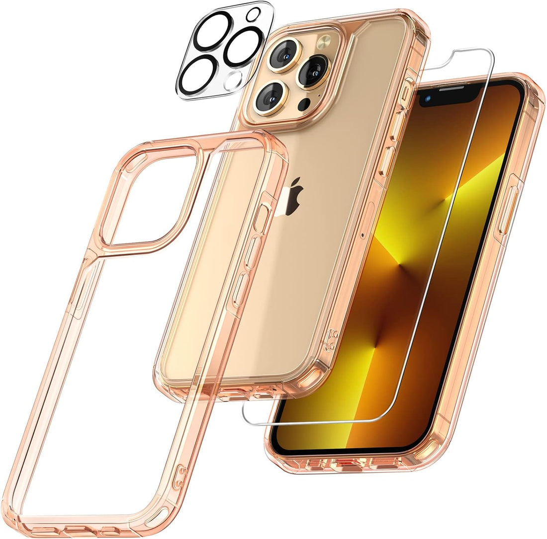 TAURI 5-in-1 for iPhone 13 Pro Case, Not Yellowing, with 2 Tempered Glass Screen Protector + 2 Camera Lens Protector [Military Grade Protection] Shockproof Slim Phone Case 6.1 Inch, Rose Gold