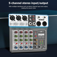 Aveek Professional Audio Mixer, Sound Board Mixing Console with 5 Channel Digital USB Bluetooth Reverb Delay Effect, Input 48V Phantom Power Stereo DJ Mixers for Recording, Live Streaming, Podcasting