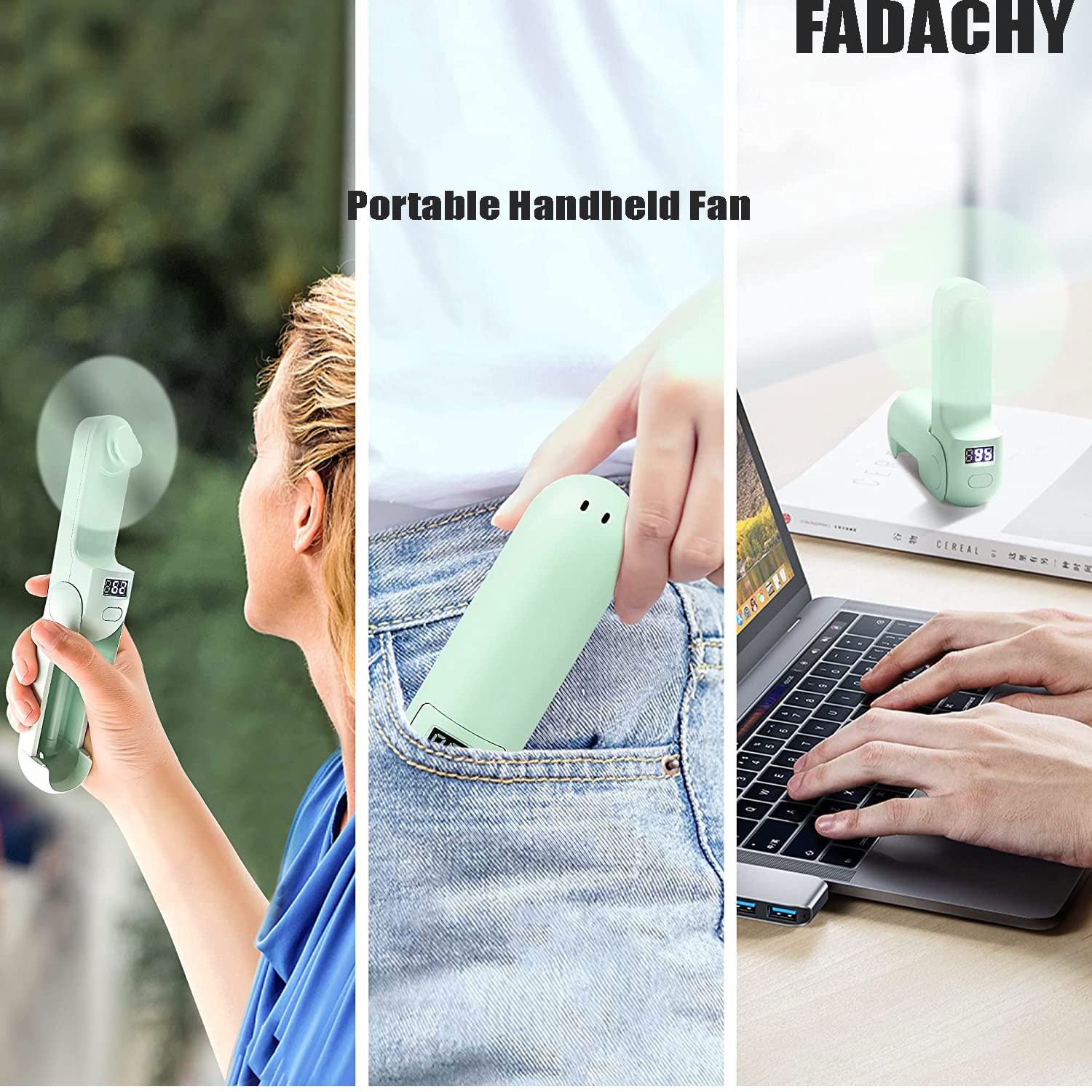 FADACHY Portable Fan Rechargeable,Mini Personal Fan, Handheld Battery Operated Fan,LED Display 14-18 Working Hours 3 IN 1 Folding Hand Fan, Small Travel Essentials Fan for Purse Vacation