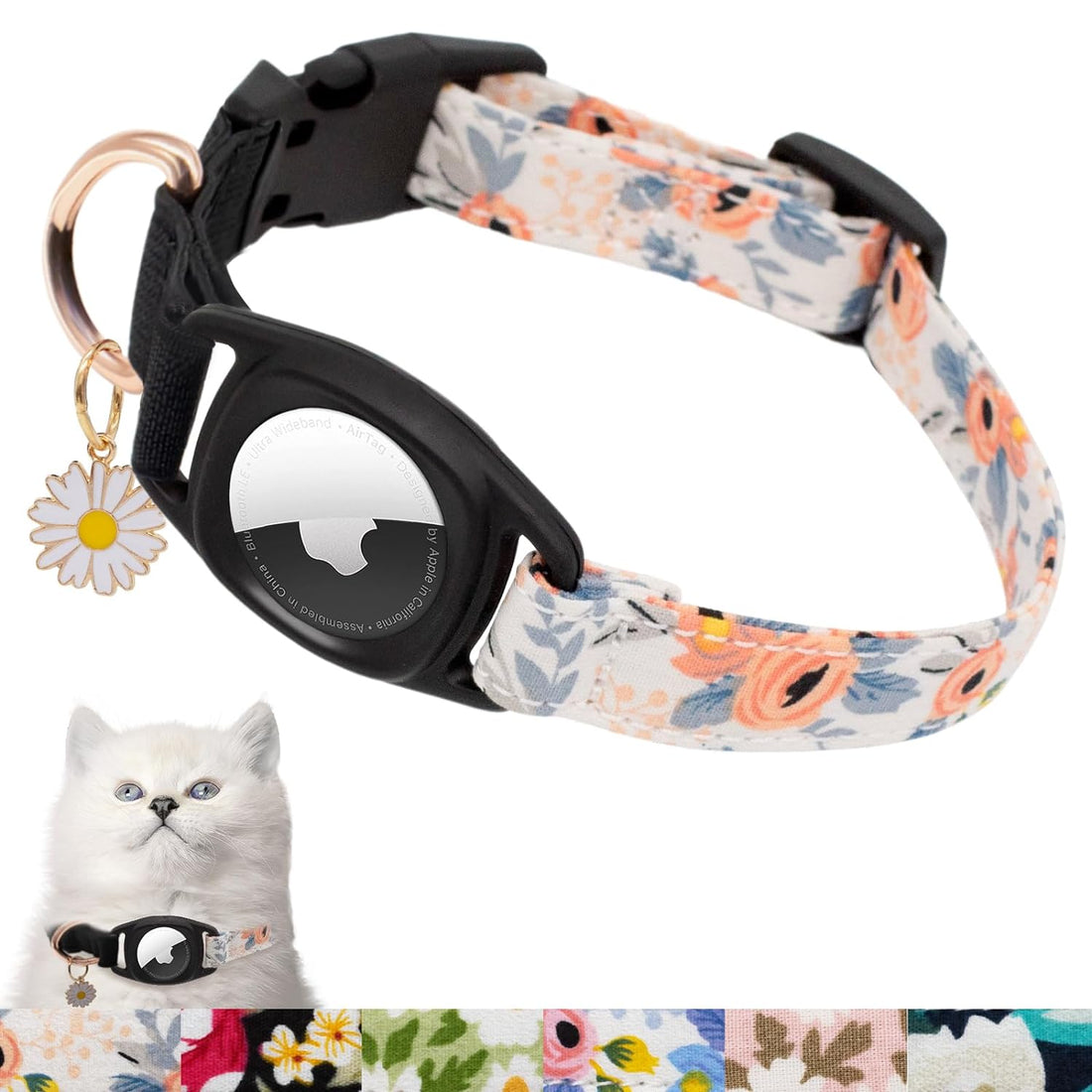 HSIGIO Airtag Cat Collar, GPS Cat Collar with Apple Air Tag Holder and Flower Charm, Floral Cat Tracker Collar in 0.6 Inches Width for Girl Boy Cats, Kittens and Puppies(Orange Flower, 9.4-12.5inch)
