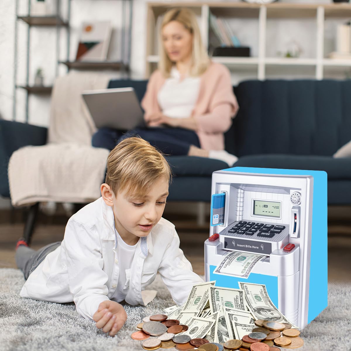 Qiekaka ATM Piggy Bank for Real Money for Kids,Mini ATM Machine,Coin Cash ATM Bank Electronic with Debit Card for Boys Girls-Hot Gift