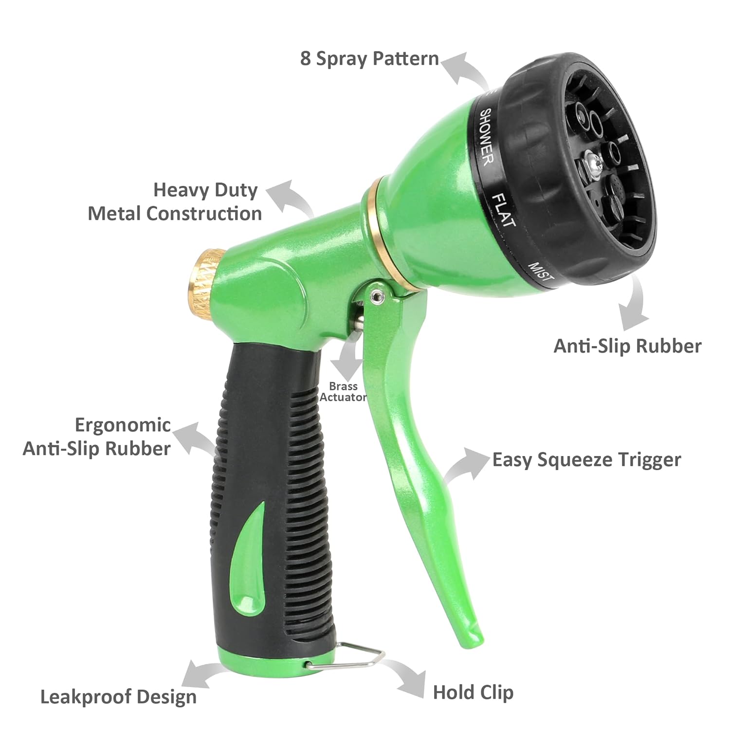 STYDDI 8-Pattern Garden Hose Nozzle Heavy Duty, Metal Water Hose Nozzle Sprayer, High Pressure Front Trigger Turret Hose Nozzle for Plant Watering, Car Washing, Window Cleaning, Pet Showering, Green
