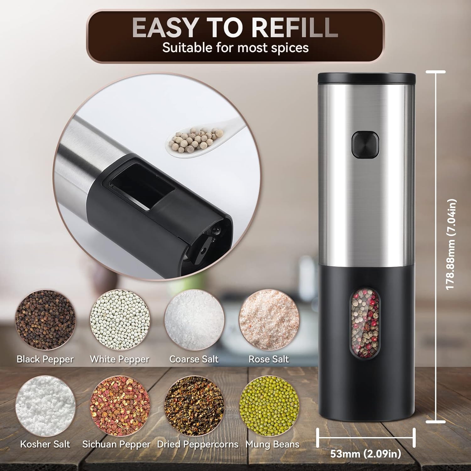 Electric Salt and Pepper Grinder Set, HOMCYTOP Automatic Salt & Pepper Mill Refillable with Rechargeable Base, USB Cables, Blue LED Light, One Hand Operation, 2 Adjustable Coarseness Mills