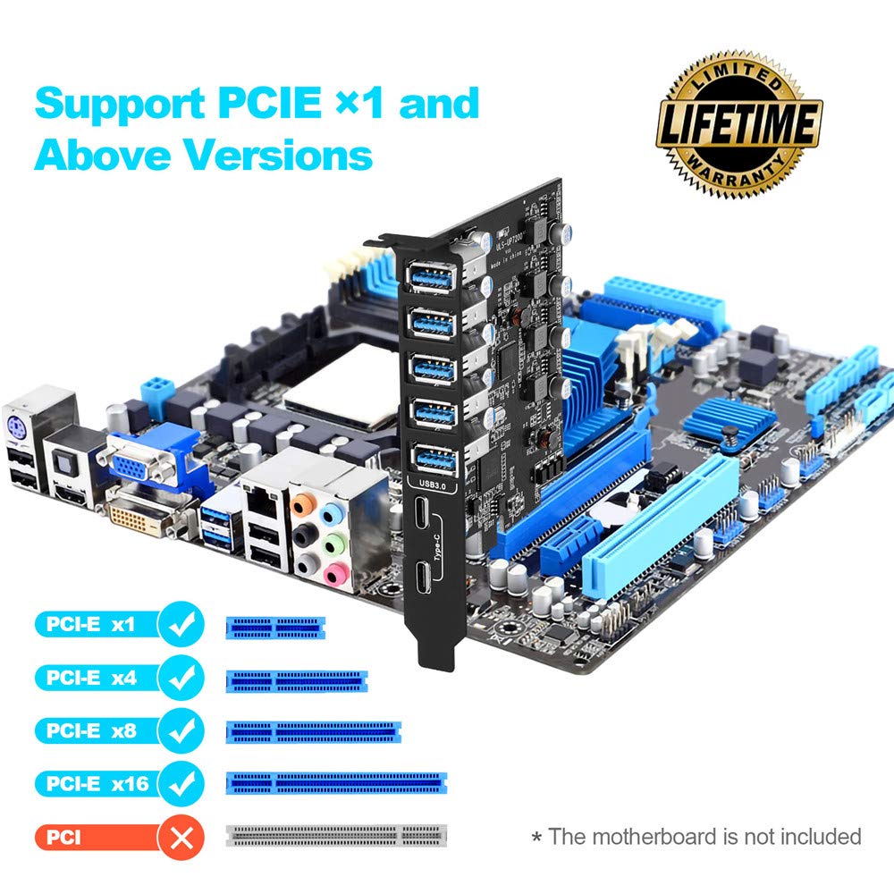PCI-E to USB 3.0 7-Port(2x USB-C - 5x USB-A )Expansion Card ,PCI Express USB 3.2 Add In Card , Internal USB3 Hub Converter for Desktop PC host card Support Windows 10/8/7/XP and MAC OS 10.8.2 above