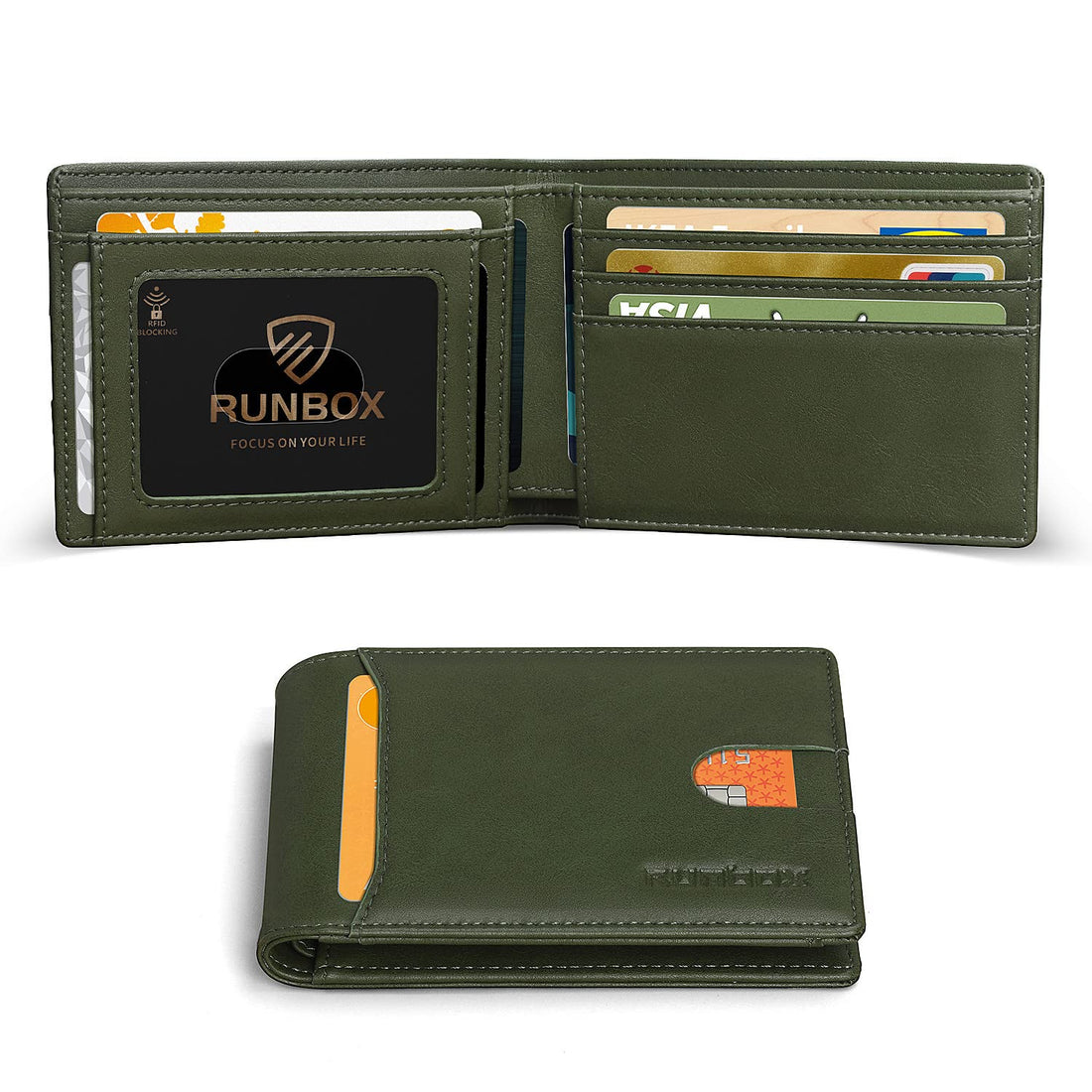 RUNBOX Slim Wallet for Men Minimalist Leather Bifold RFID Blocking with Gift Box Green, oil olive green, small, Minimalist