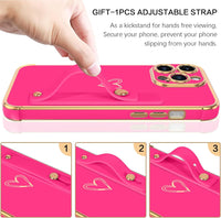 BENTOBEN for iPhone 15 Pro Max Case, Phone Case iPhone 15 Pro Max for Women Girls, Cute Heart Adjustable Strap Wristband Kickstand Holder Shockproof Soft TPU Bumper Luxury Plating Cover, Hot Pink