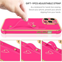 BENTOBEN for iPhone 15 Pro Max Case, Phone Case iPhone 15 Pro Max for Women Girls, Cute Heart Adjustable Strap Wristband Kickstand Holder Shockproof Soft TPU Bumper Luxury Plating Cover, Hot Pink