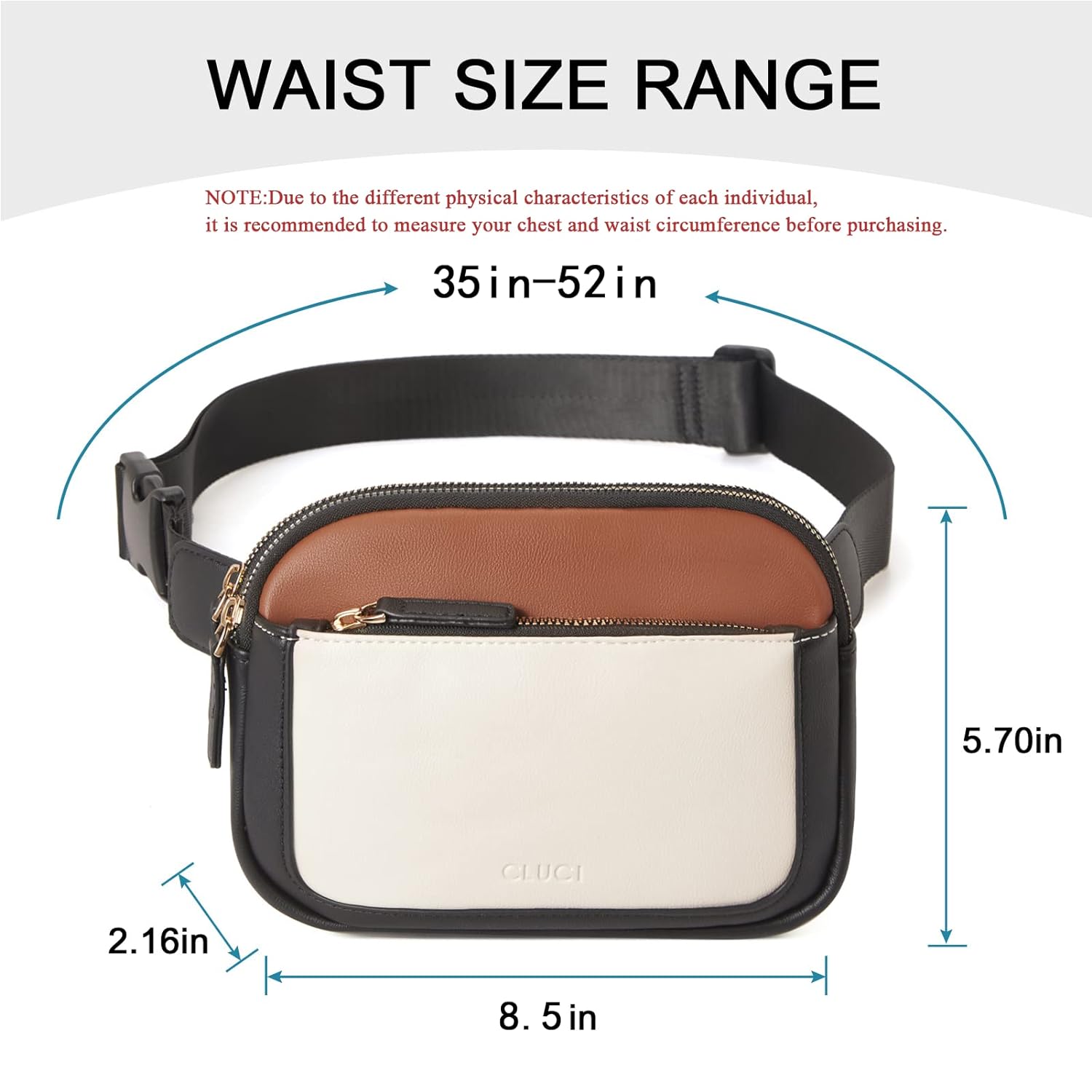 CLUCI Belt Bag for Women, Mini Everywhere Crossbody Waist Bag Adjustable Strap, Vegan Leather Women's Fanny Pack, Black and Brown with off-white, One Size
