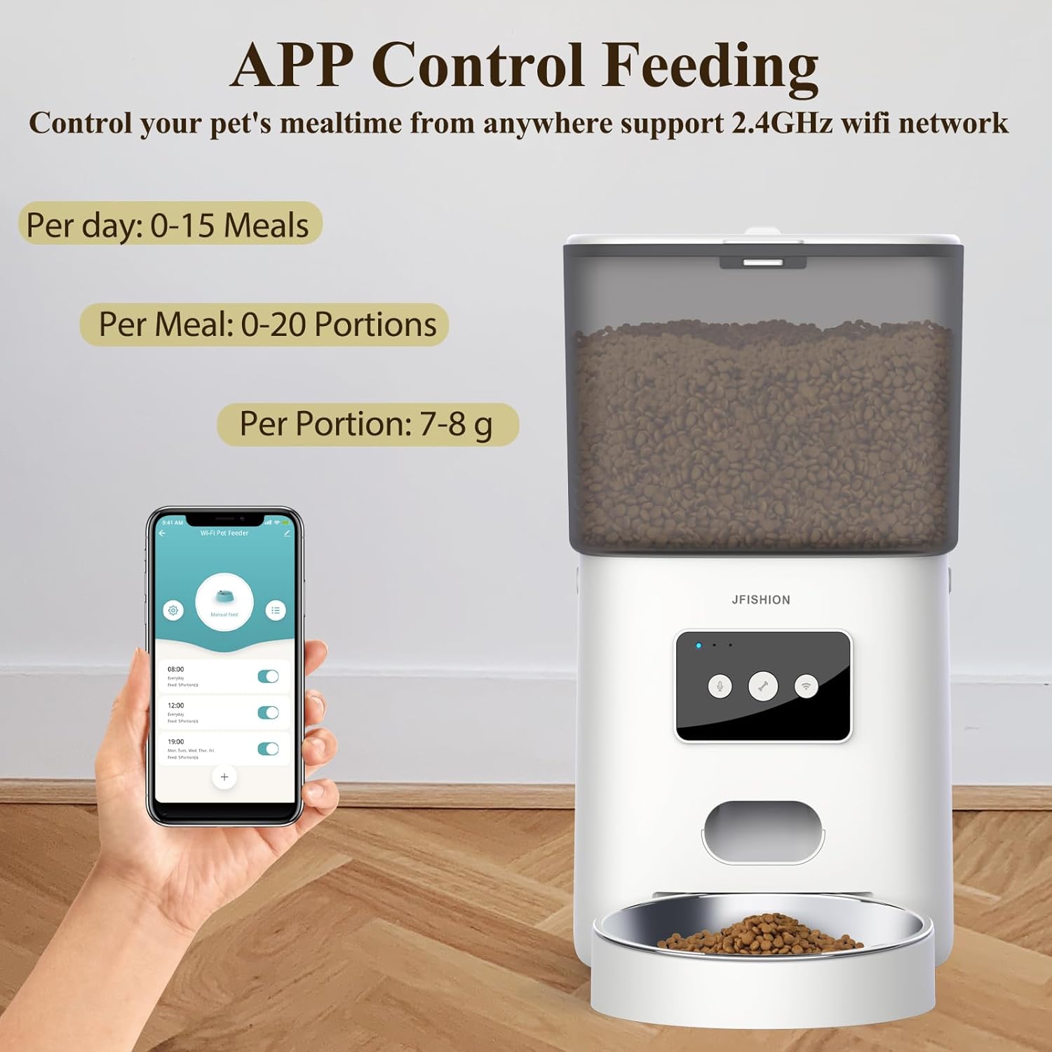 JFISHION Automatic Cat Feeder, Dual Power Supply, 6L Large Capacity, Dual Notification System, Custom Voice Recorder, Secure Lid Lock, Suitable for Dry Food, Stainless Steel