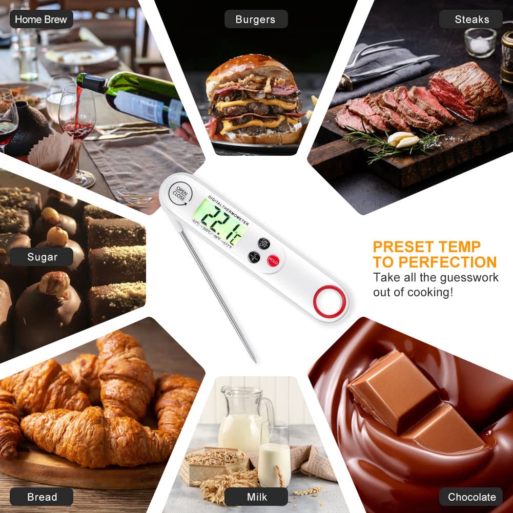 Meat Thermometer, Instant Read Cooking Thermometer, Digital Food Thermometer, Backlight LCD Screen Foldable Long Probe & Auto On/Off, Perfect for Kitchen, BBQ, Water,Meat, Milk-White