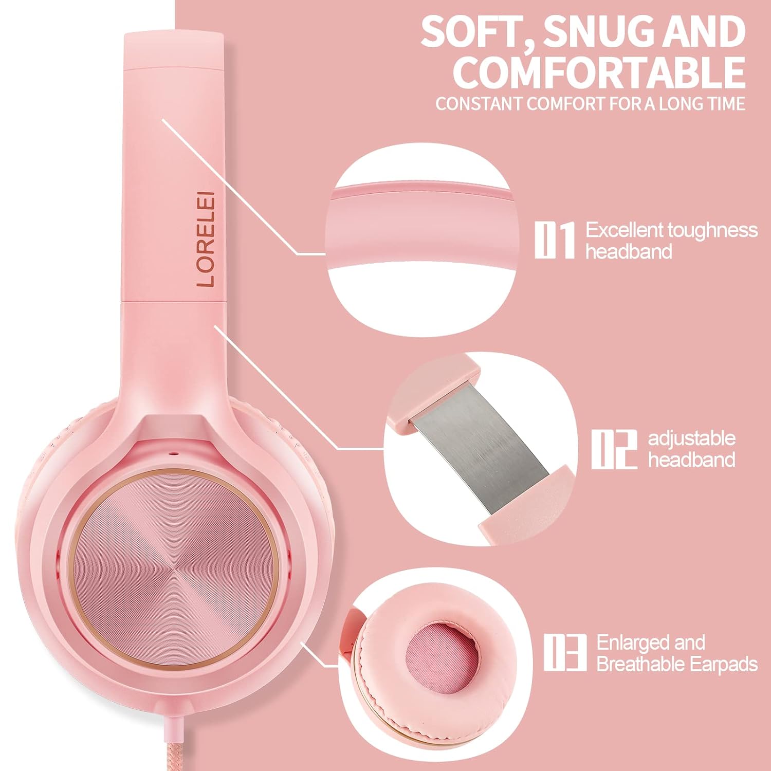 LORELEI S9 Wired Headphones with Microphone for School，On-Ear Kids Headphones for Girls Boys，Folding Lightweight and 3.5mm Audio Jack Headset for Phone, Ipad，Tablet, PC, Chromebook (Pearl Pink)