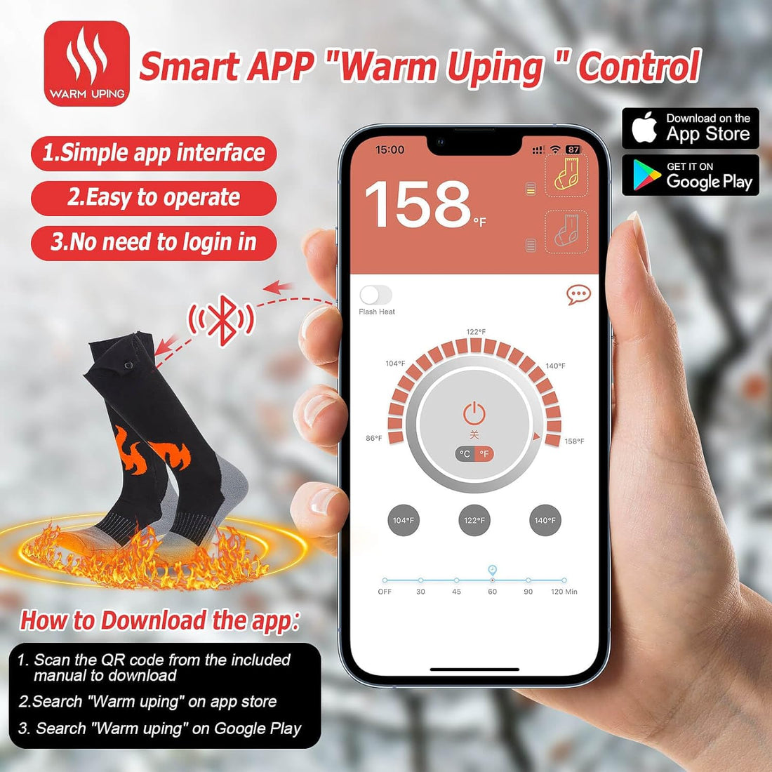 5000 mAh Electric Socks for Men Rechargeable, App-Controlled Timer Battery Woman Heated Socks 5 Temperature Electric Socks, Up to 11 Hours Foot Warmers for Women Hunting Fishing Hiking Camping, M