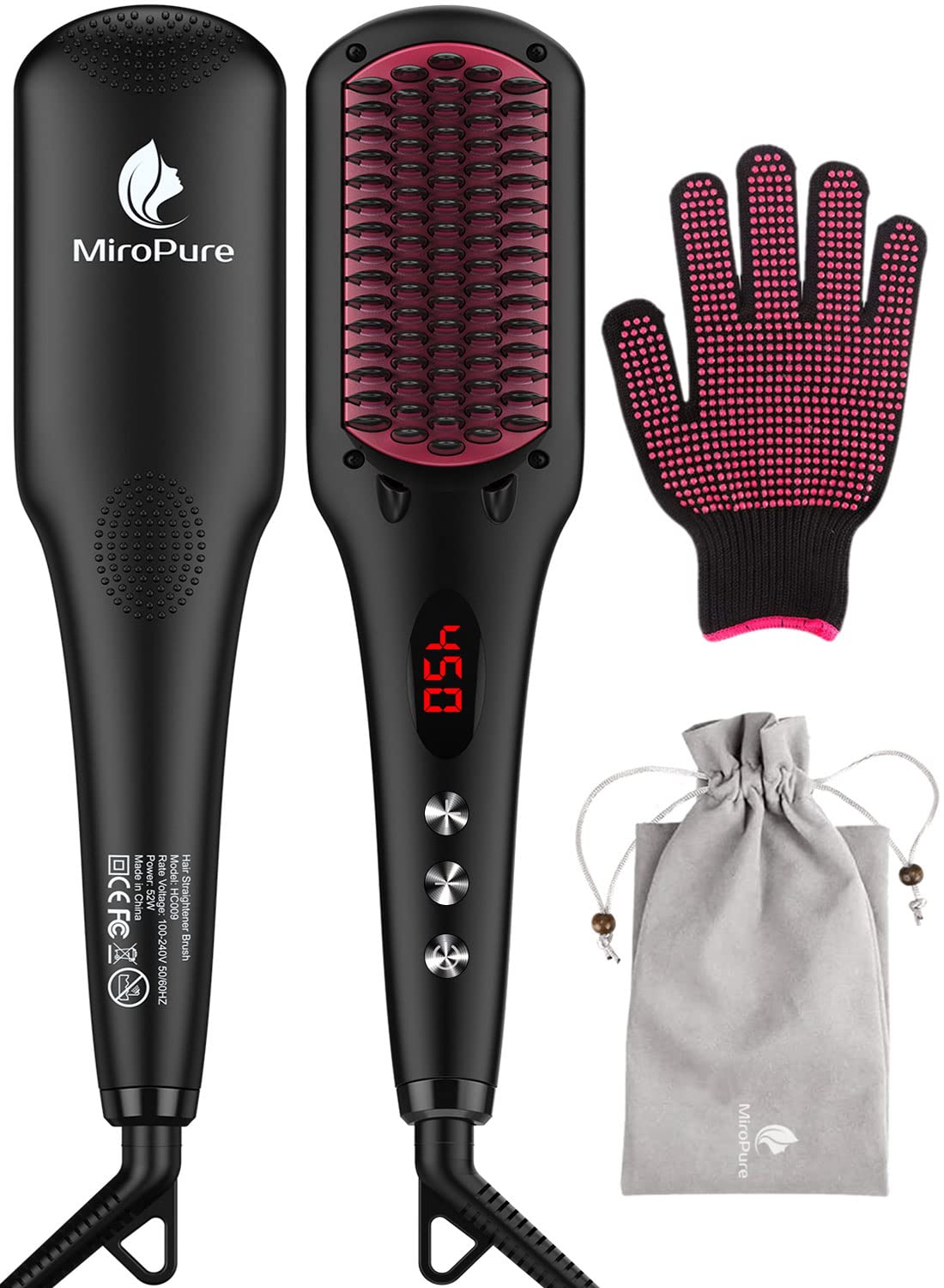 MiroPure 2 in 1 Ionic Hair Straightener Brush with Heat Resistant Glove and Temperature Lock Function