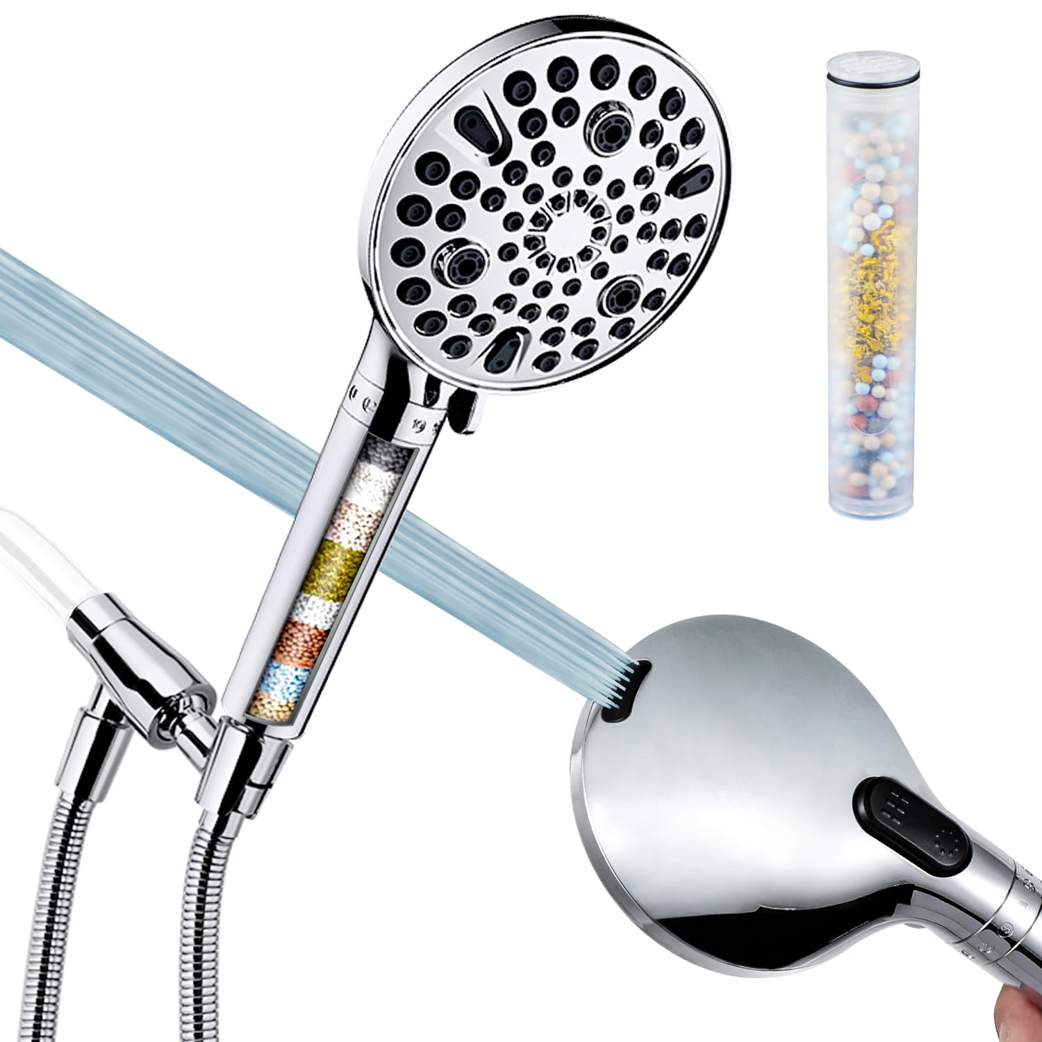 V-Frankness 10-Mode Filtered Shower Head| High Pressure Handheld ShowerHead with 70" Hose and Metal Adjustable Holder Combo| Hard Water Softener to Remove Chlorine and Heavy Metals (Chrome)